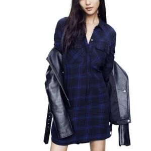 Madewell Plaid Flannel Shirt Dress Blue Black Long Sleeve Casual Fall XS